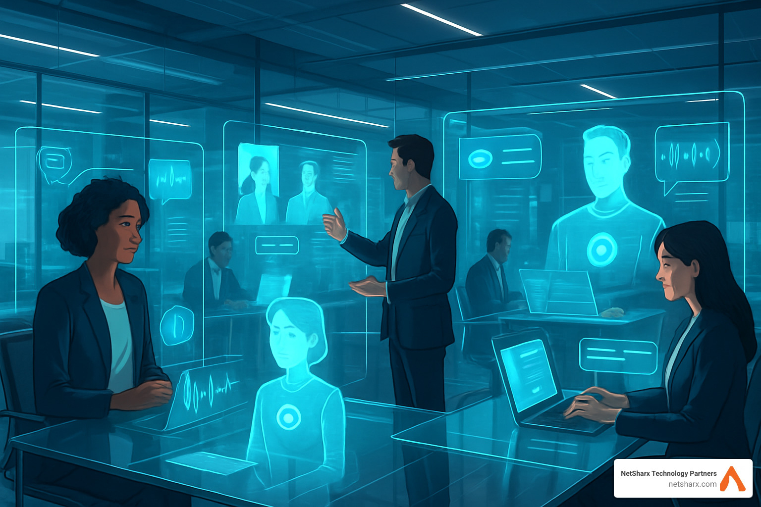 Futuristic workspace showing holographic meetings, emotion-aware AI assistants, and seamless multimodal interactions - AI-improved communication tools