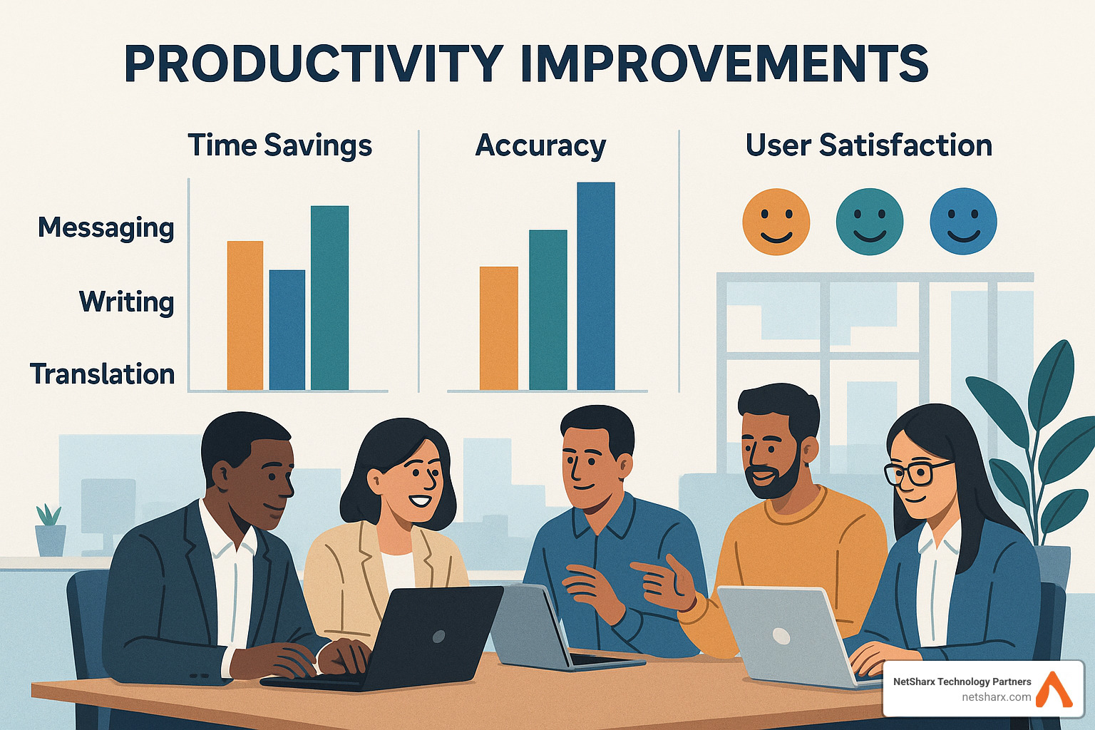 Productivity improvements across different AI communication tool categories showing time savings, accuracy improvements, and user satisfaction metrics - AI-improved communication tools