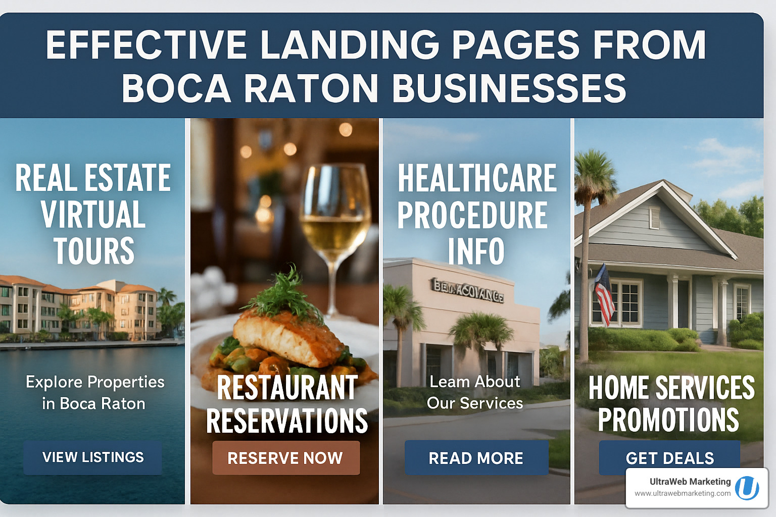 Carousel showing examples of effective Boca Raton landing pages from different local industries including real estate, restaurants, healthcare, and home services - boca raton landing pages
