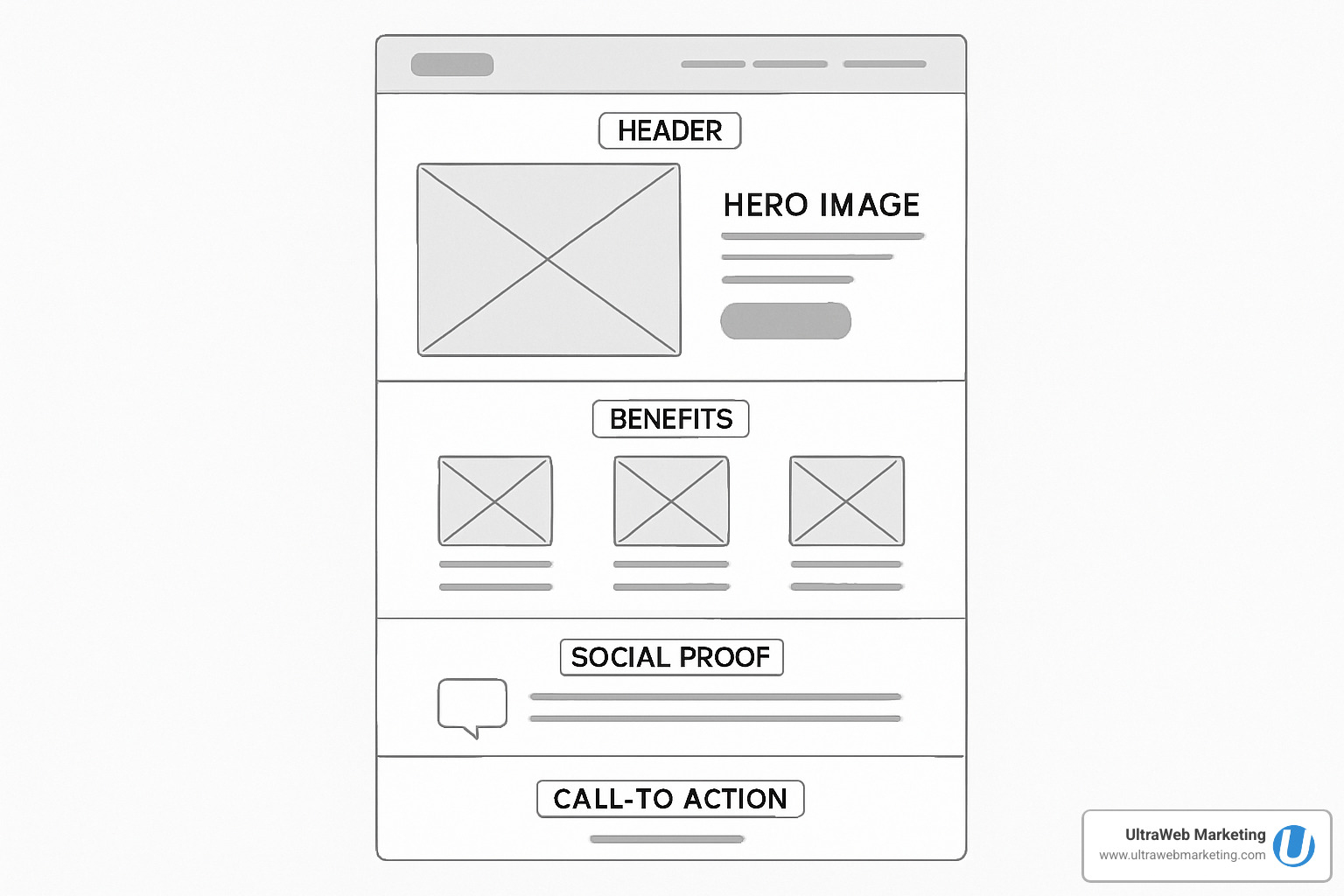 Annotated wireframe showing optimal landing page layout with header, hero section, benefits, social proof, and call-to-action placement - boca raton landing pages