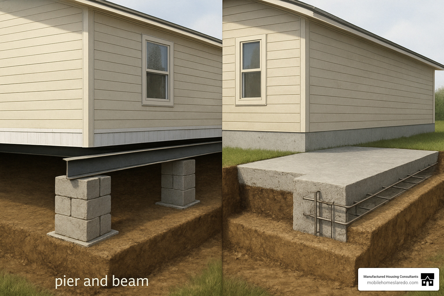 Cross-section comparison showing pier and beam foundation with concrete blocks and steel beams versus concrete slab foundation with rebar reinforcement and vapor barrier - double wide mobile home foundation
