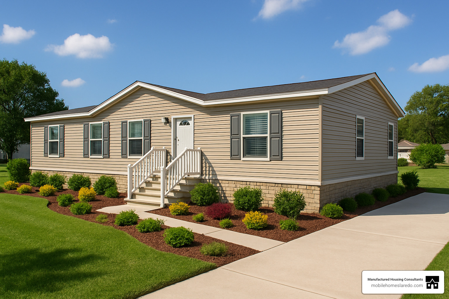 Finished double wide mobile home with professional landscaping, concrete driveway, and attractive skirting showing completed foundation installation - double wide mobile home foundation