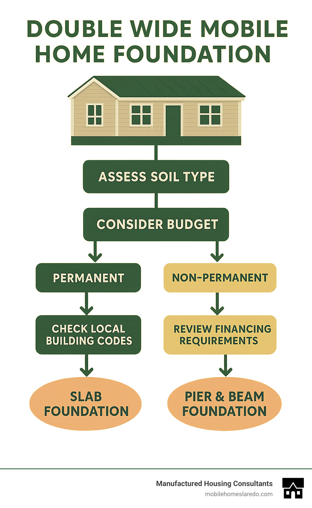 Infographic showing double wide mobile home foundation decision flowchart with soil type assessment, budget considerations, permanent vs non-permanent options, local building codes, and financing requirements leading to recommended foundation type selection - double wide mobile home foundation infographic 