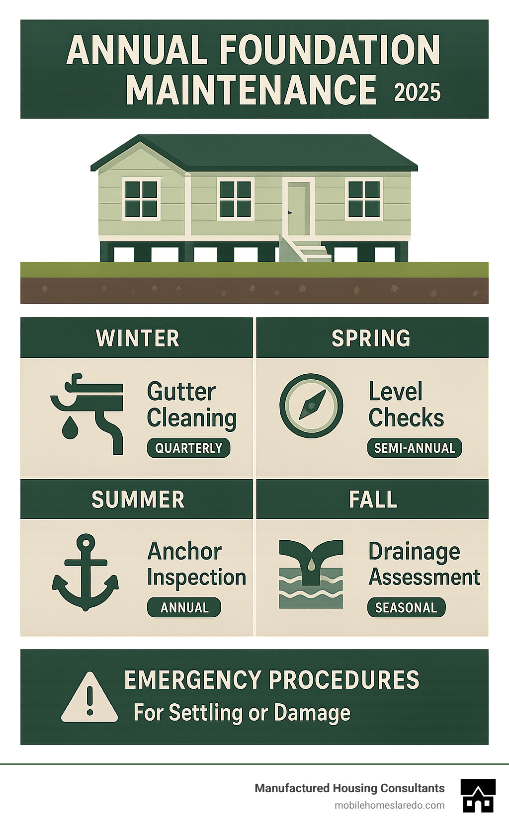 Infographic showing annual foundation maintenance calendar with quarterly gutter cleaning, semi-annual level checks, annual anchor inspection, and seasonal drainage assessment, plus emergency procedures for settling or damage - double wide mobile home foundation infographic 