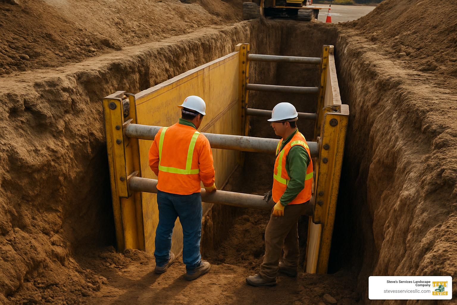 Professional trench box installation showing proper safety equipment and procedures for deep excavation work - Foundation digging services