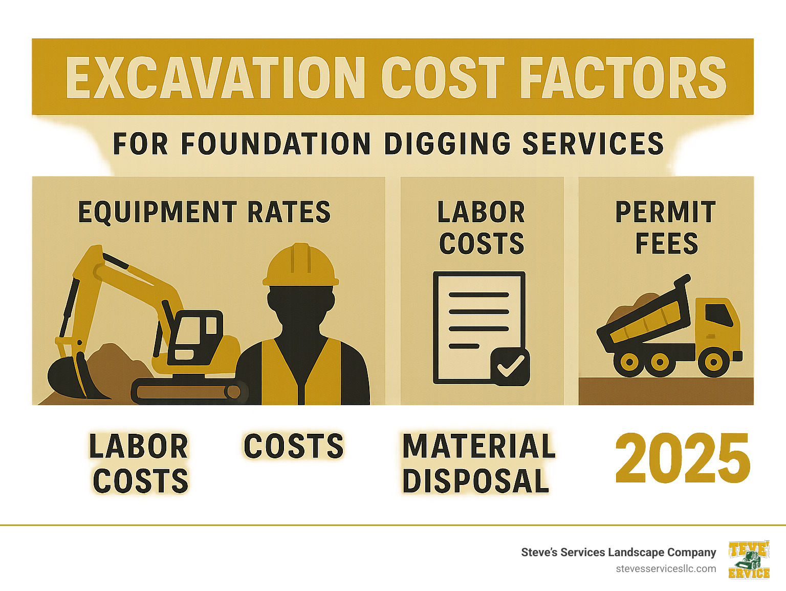 Comprehensive infographic breaking down excavation cost factors including equipment rates, labor costs, permit fees, and material disposal expenses - Foundation digging services infographic 