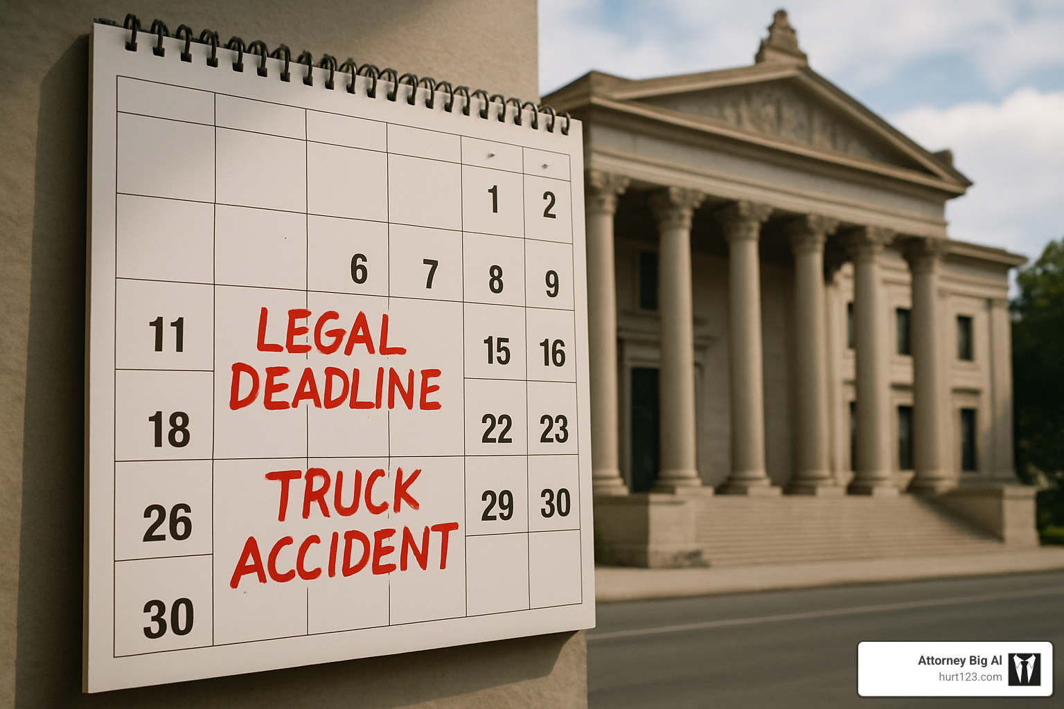 Calendar showing legal deadlines with courthouse in background - truck wreck law firm