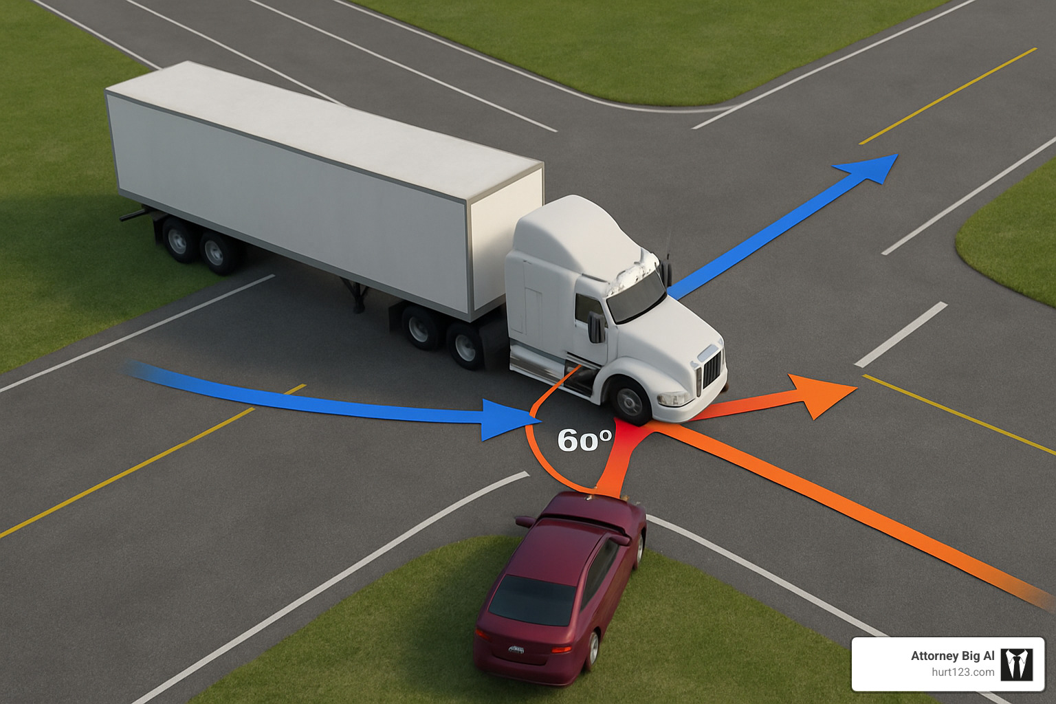 3D computer reconstruction of truck collision showing impact angles and vehicle trajectories - truck wreck law firm