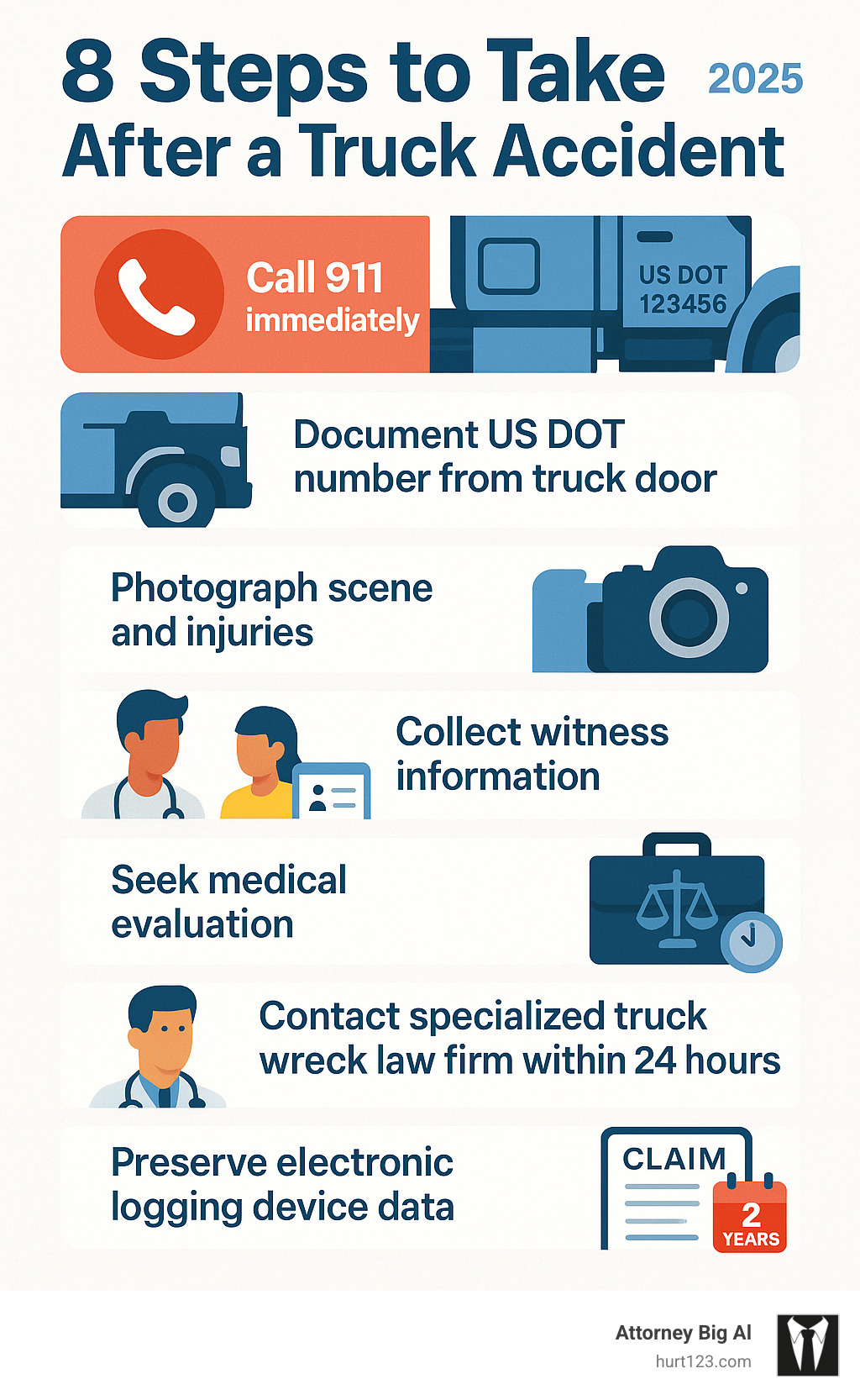 Infographic showing post-truck accident steps: 1) Call 911 immediately, 2) Document US DOT number from truck door, 3) Photograph scene and injuries, 4) Collect witness information, 5) Seek medical evaluation, 6) Contact specialized truck wreck law firm within 24 hours, 7) Preserve electronic logging device data, 8) File claim within 2-year Florida deadline - truck wreck law firm infographic 