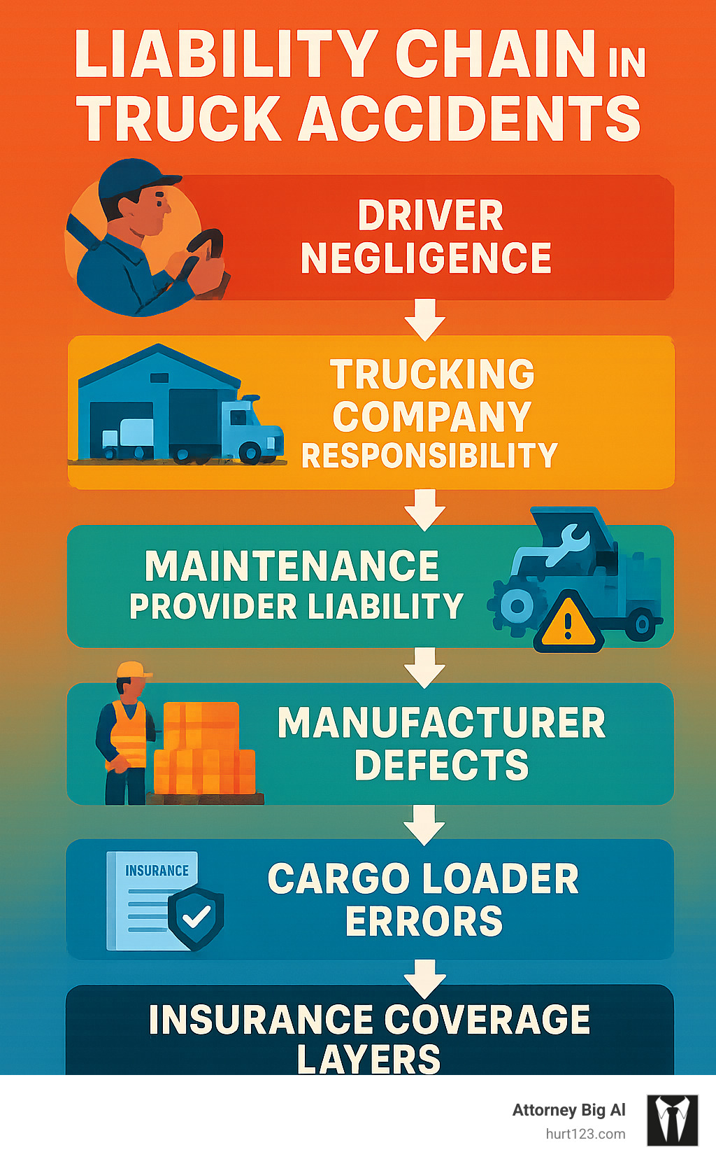 Infographic showing liability chain in truck accidents: Driver negligence → Trucking company responsibility → Maintenance provider liability → Manufacturer defects → Cargo loader errors → Insurance coverage layers - truck wreck law firm infographic 
