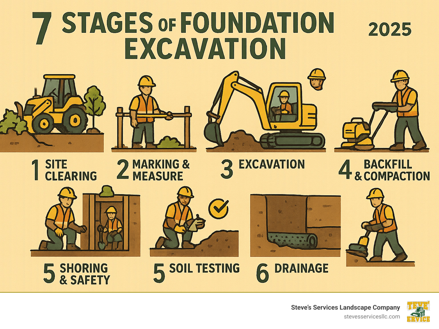 Detailed infographic showing the 7 stages of foundation excavation from initial site clearing through final backfill and compaction, including equipment used and safety measures at each stage - Foundation digging services infographic 