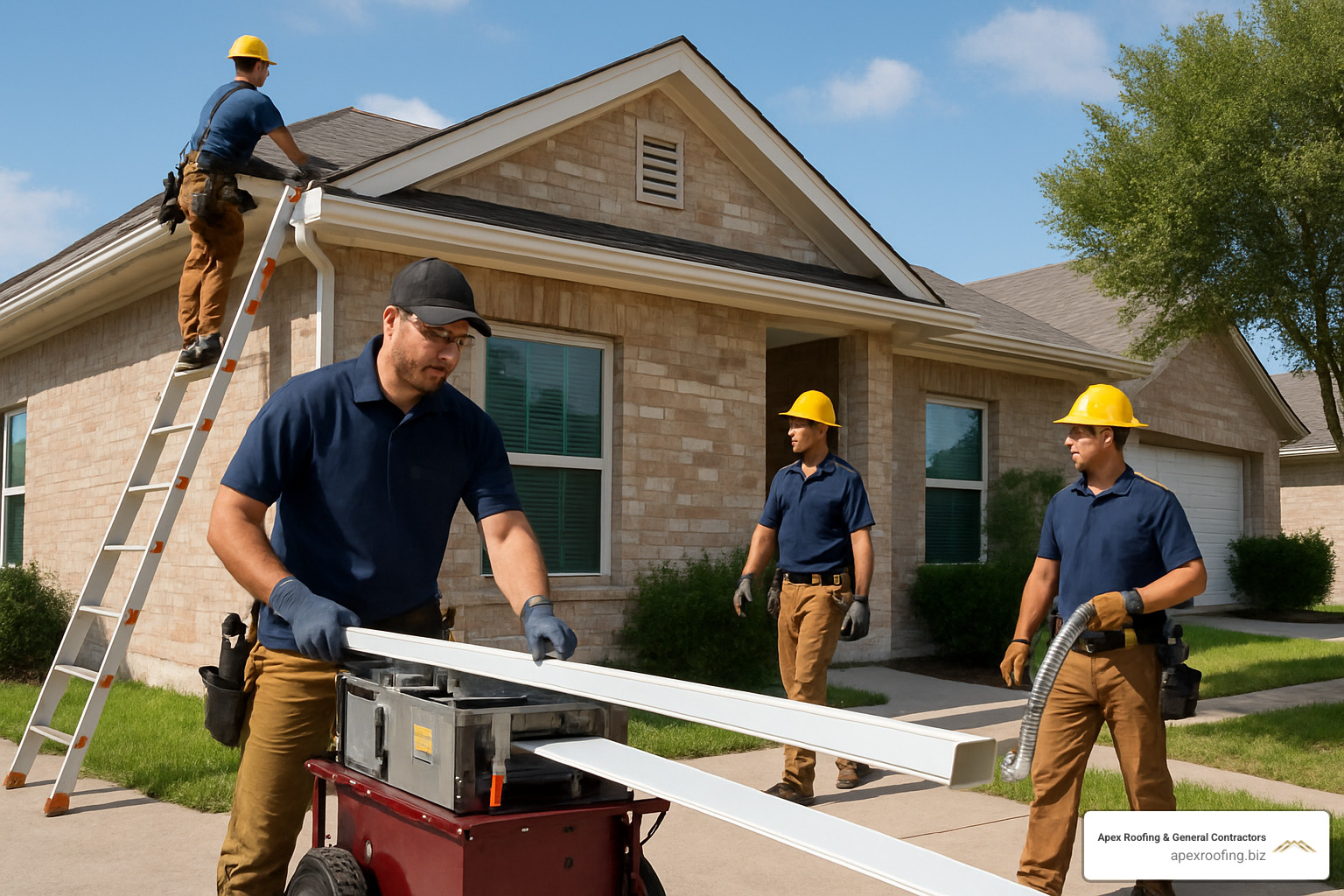 Professional gutter installation team working on a San Antonio home with seamless gutter machine visible - gutter installation San Antonio