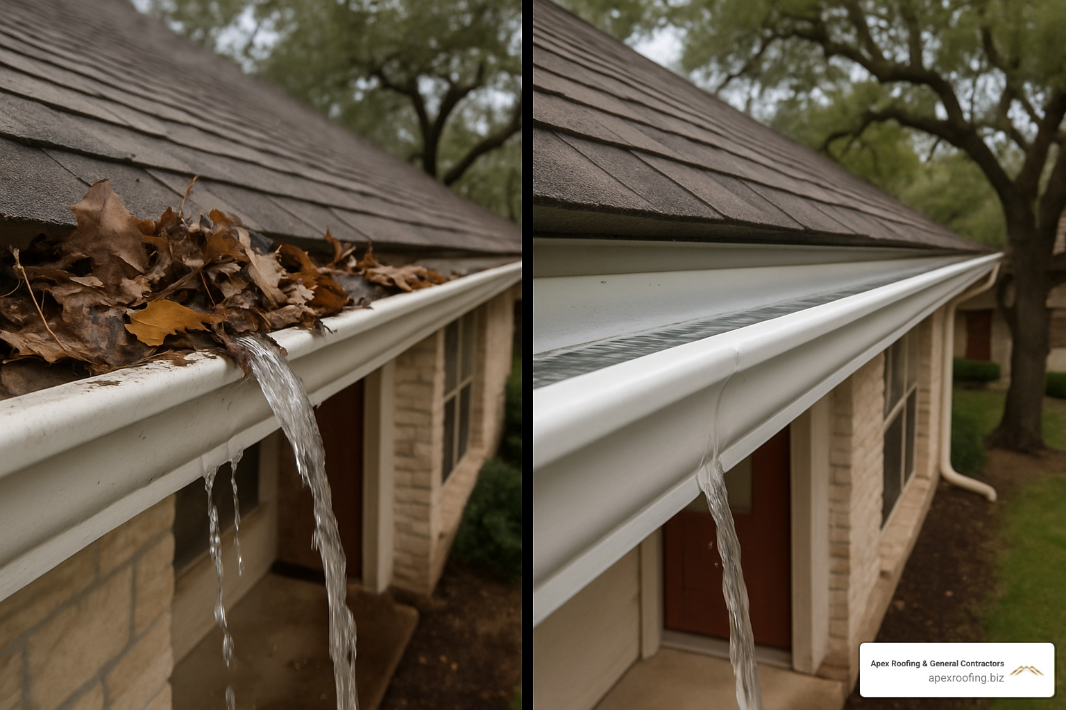 Before and after images showing clogged gutters filled with debris versus clean, properly flowing gutters - gutter installation San Antonio