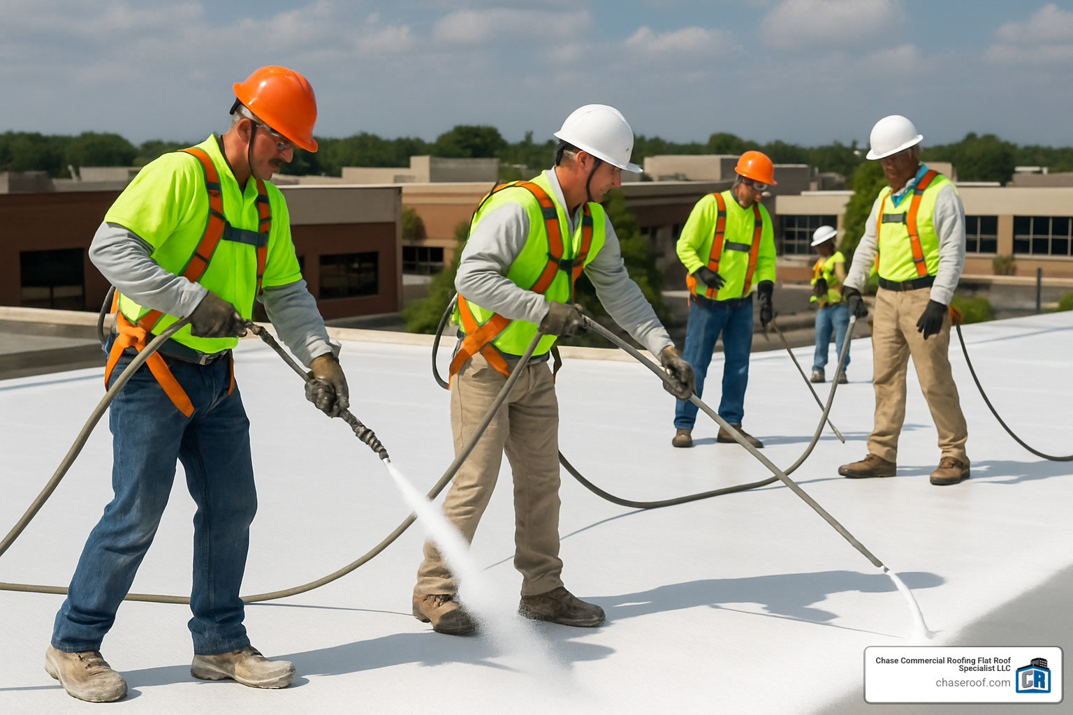 Professional roofing crew applying white commercial roof coating using spray equipment on a flat commercial roof - commercial roof coatings