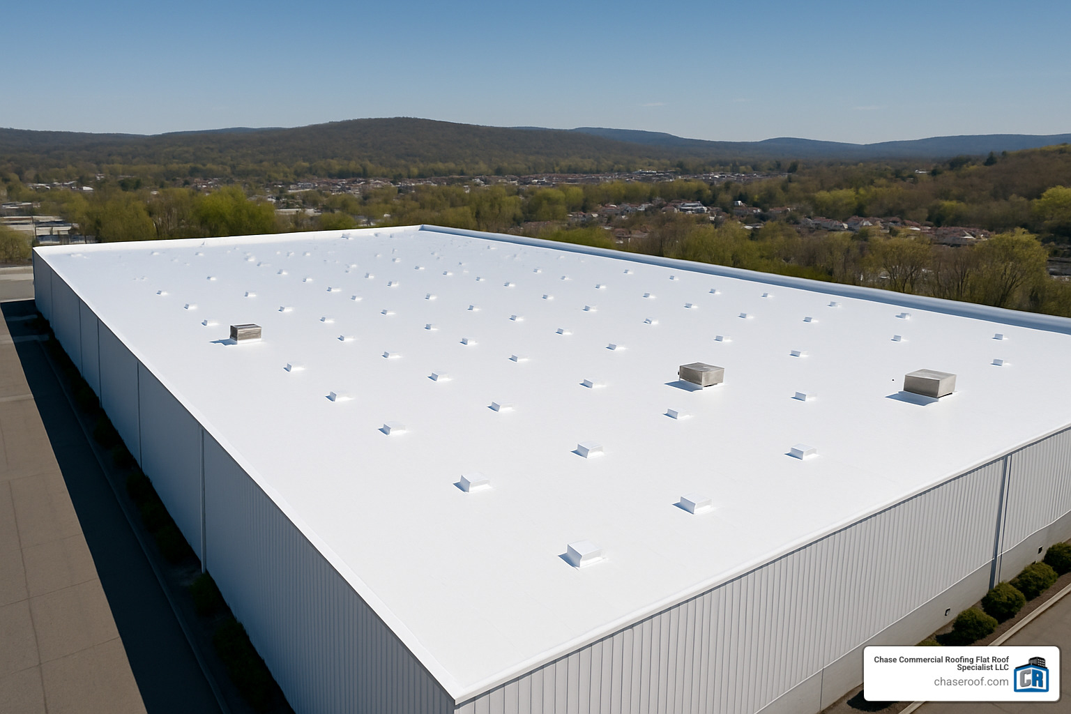 Completed bright white commercial roof coating on a warehouse building in Woodland Park, New Jersey, showcasing the seamless, reflective surface - commercial roof coatings