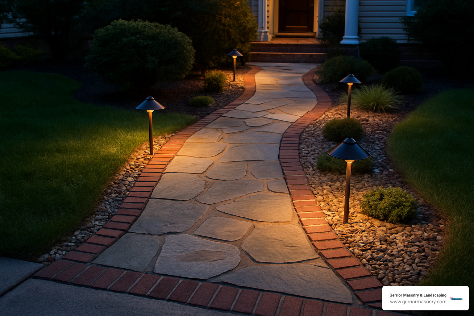 Mixed-material walkway featuring stone, brick borders, and gravel with lighting