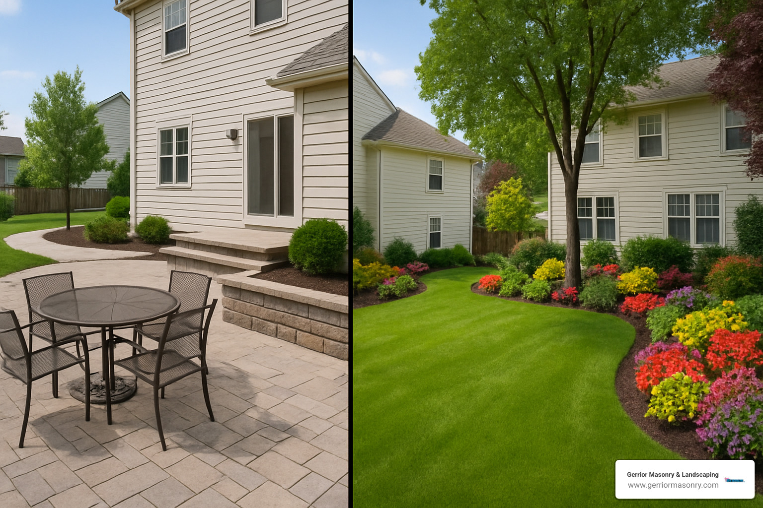 Side-by-side comparison of a yard with hardscape elements versus traditional landscaping