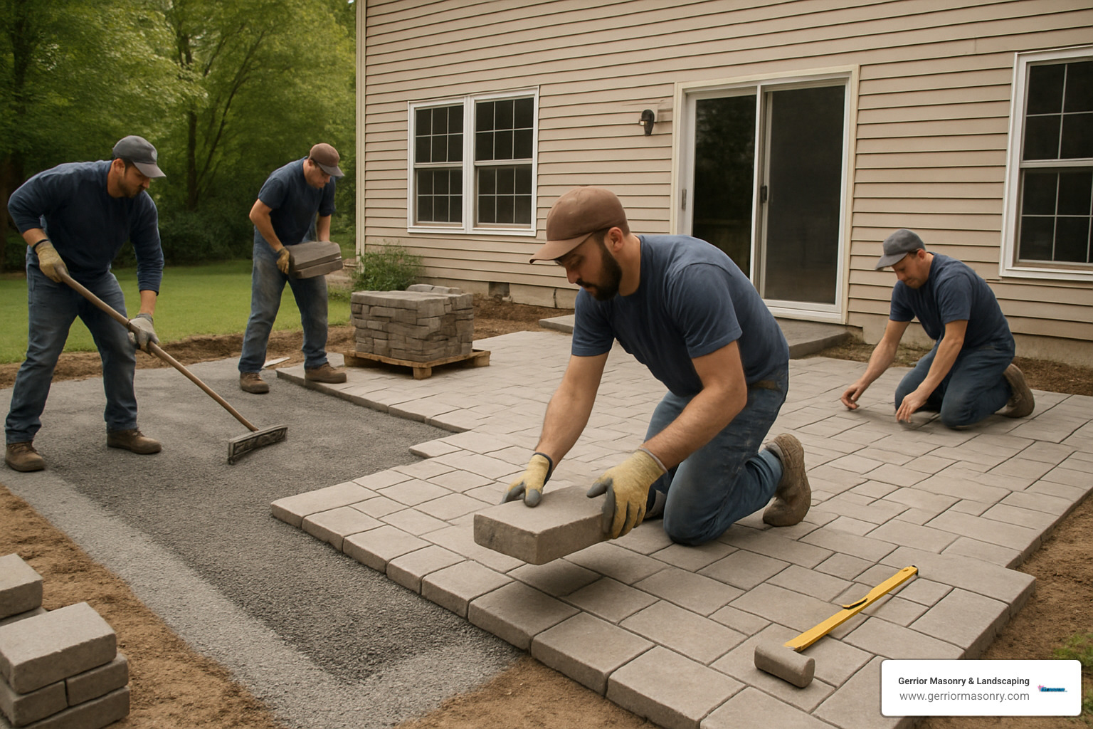 Professional crew installing a stone patio with proper base preparation