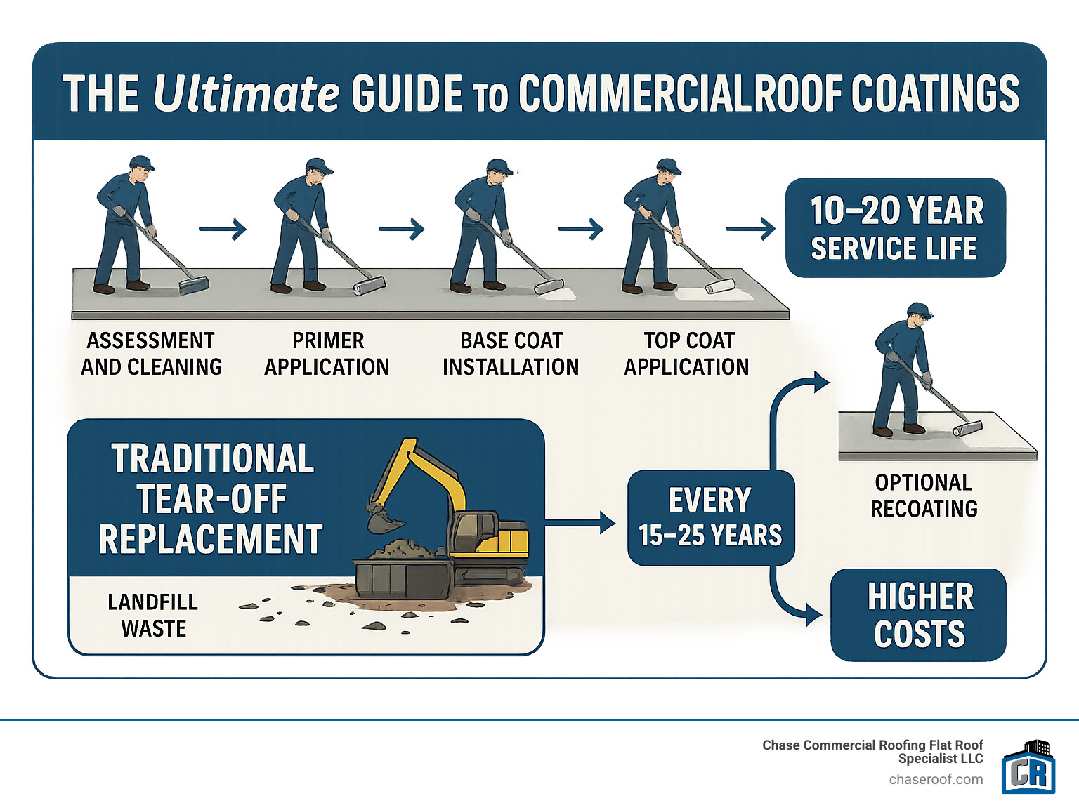Infographic showing commercial roof coating lifecycle: assessment and cleaning, primer application, base coat installation, top coat application, and 10-20 year service life with optional recoating versus traditional tear-off replacement cycle every 15-25 years with landfill waste and higher costs - commercial roof coatings infographic 