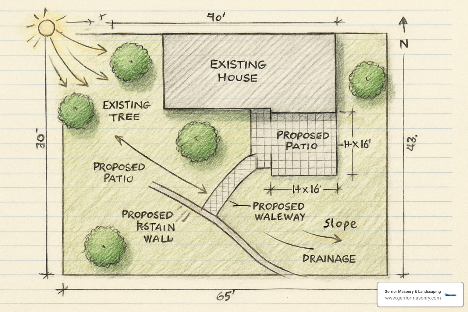 Detailed site plan sketch for a hardscaping project