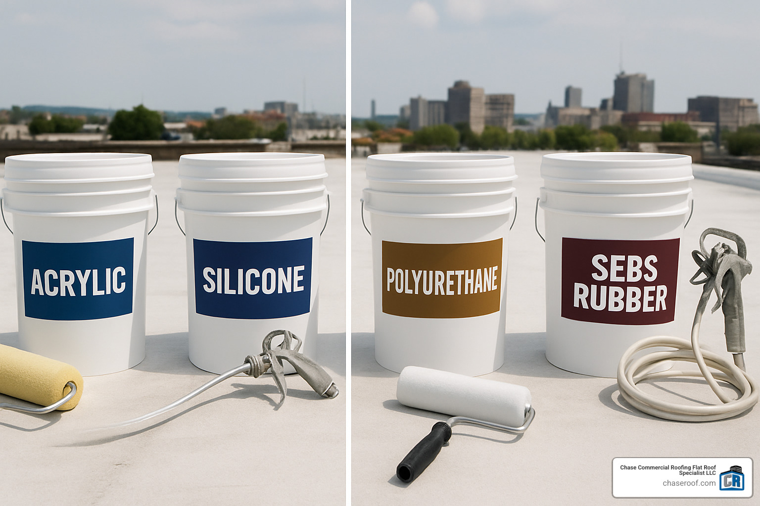 Comparison of different commercial roof coating types including acrylic, silicone, polyurethane, and SEBS rubber coatings with their respective containers and application tools - commercial roof coatings