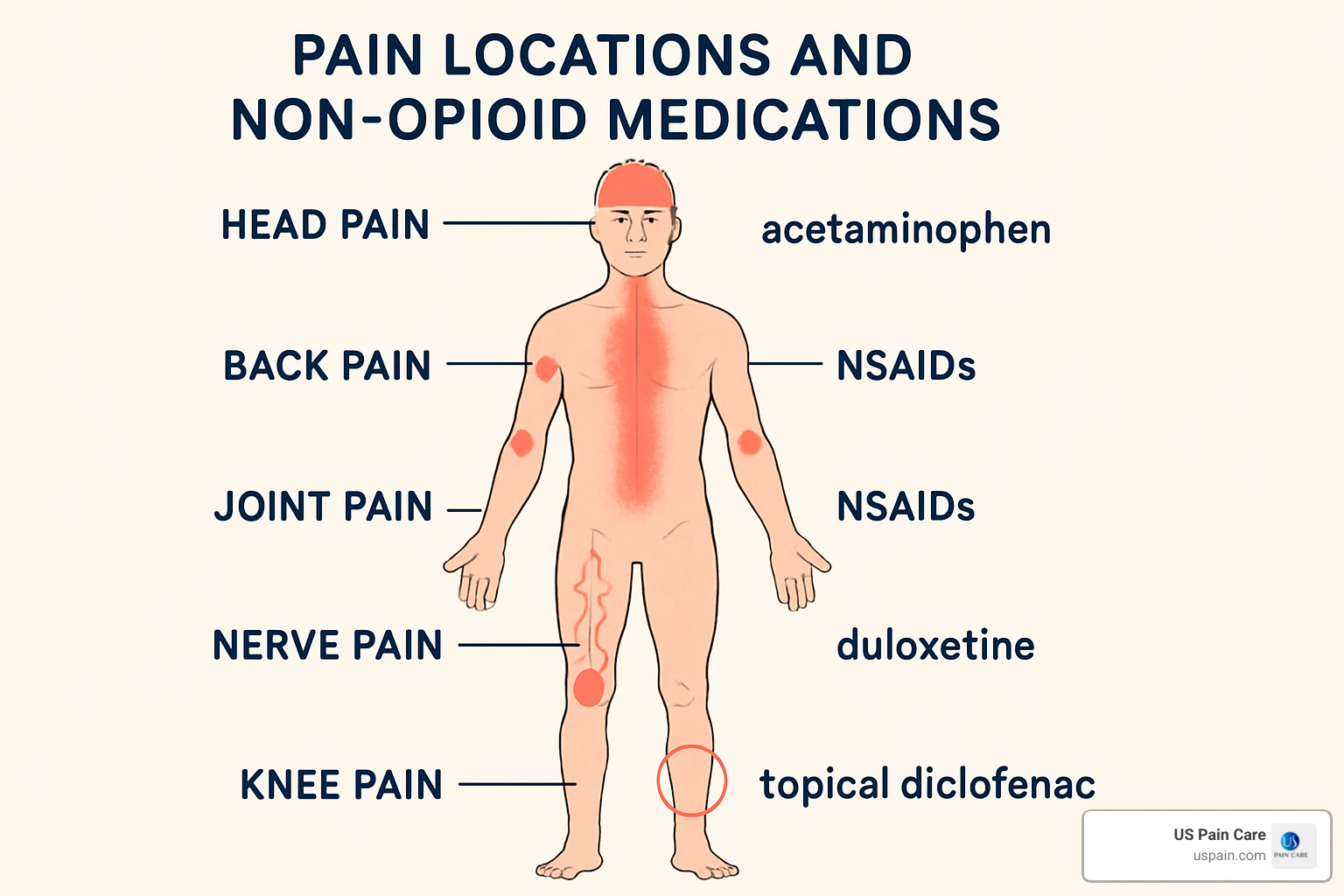 Anatomical diagram showing different types of pain throughout the body with corresponding non-opioid medication recommendations for each area and pain type - non opioid pain medications