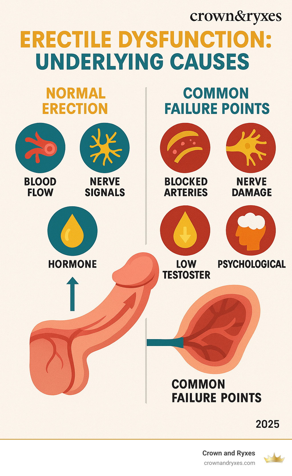Detailed infographic showing the pathway of normal erection process including blood flow, nerve signals, and hormonal factors, contrasted with common failure points such as blocked arteries, nerve damage, low testosterone, and psychological barriers that lead to erectile dysfunction - erectile dysfunction underlying causes infographic 