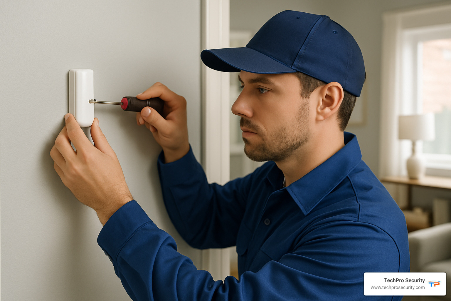 technician installing security sensors - alarm system installation cost