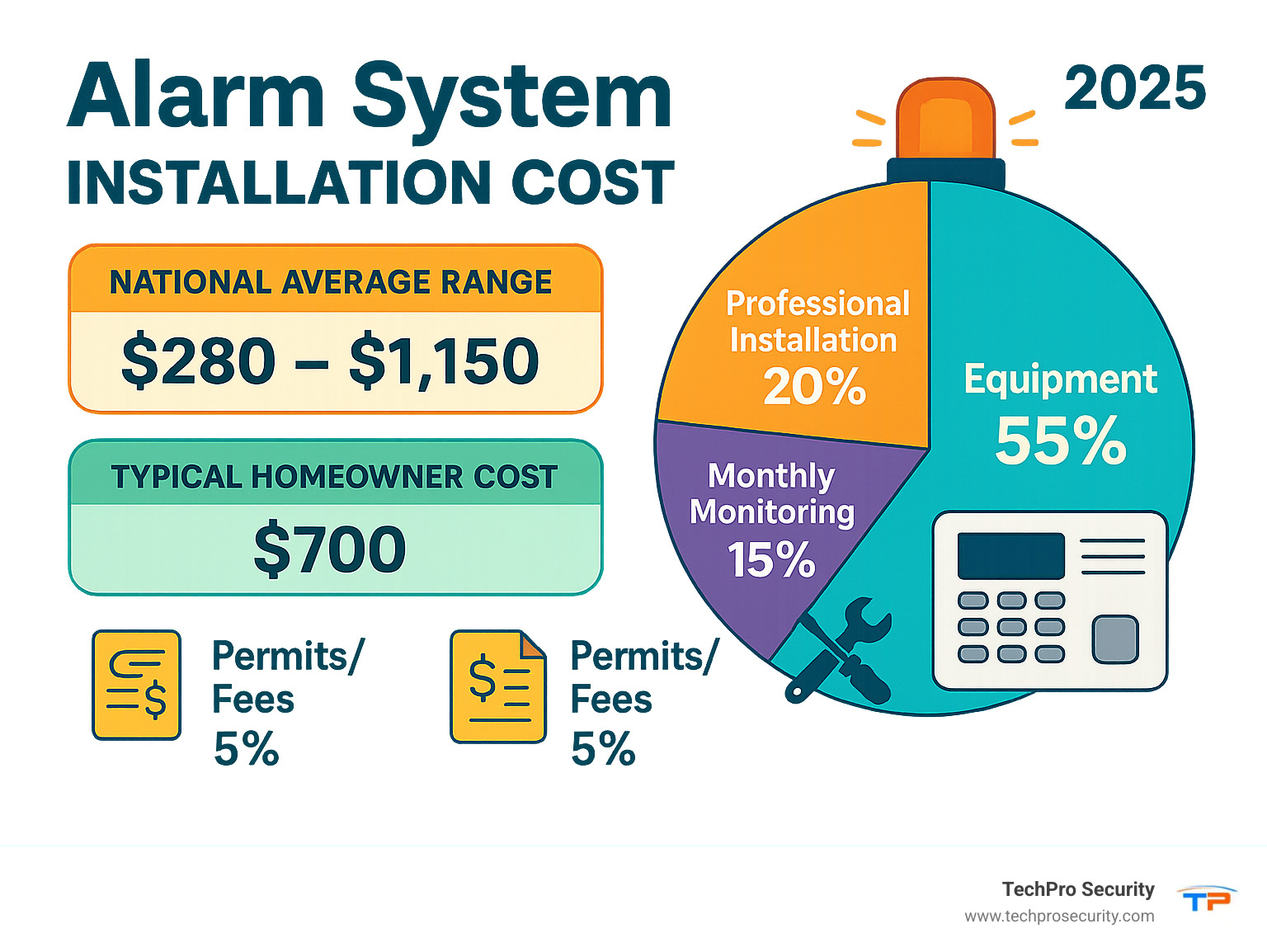 Cost breakdown infographic showing equipment costs 55%, professional installation 20%, monthly monitoring 15%, and permits/fees 5% of total alarm system installation cost, with national average range of $280-$1,150 and typical homeowner cost of $700 - alarm system installation cost infographic 