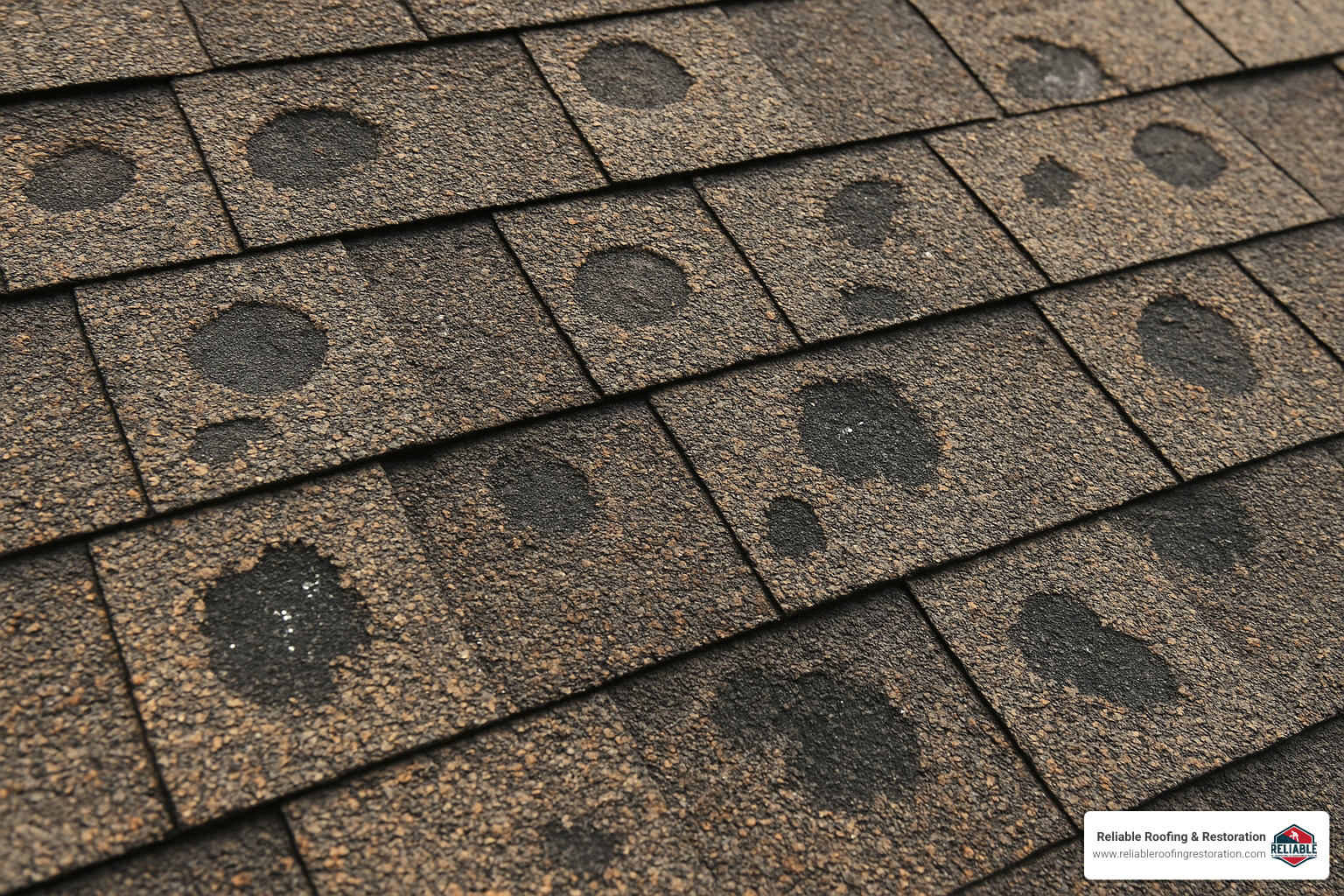 Don't Blow Your Top: Easy Asphalt Shingle Repairs in Katy TX 2 hail-damaged asphalt shingles showing granule loss and impact marks - asphalt shingle roof repair katy tx