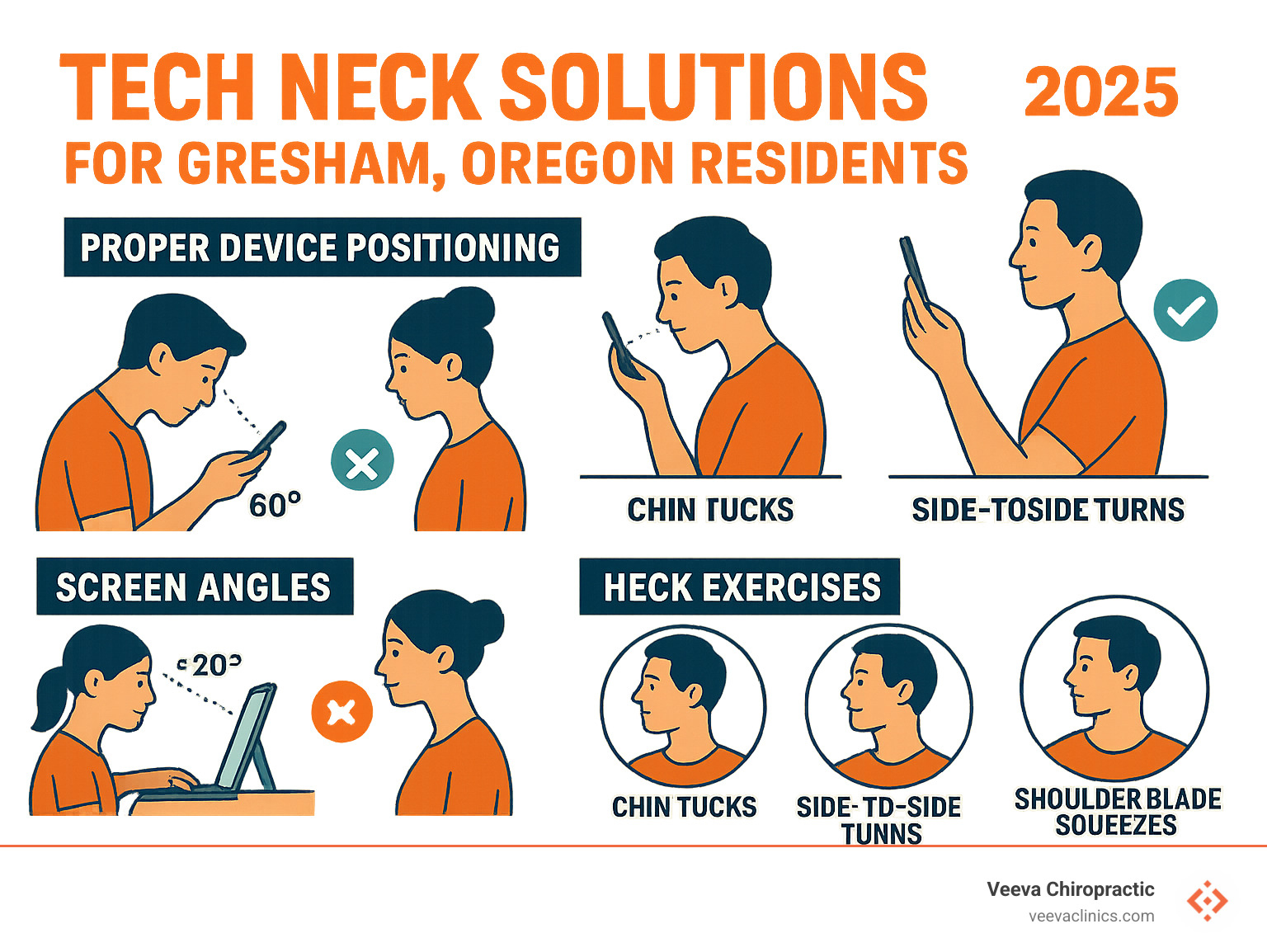 Infographic showing proper device positioning, screen angles, and neck exercises to prevent tech neck in Gresham Oregon residents - posture correction chiropractor gresham oregon infographic 