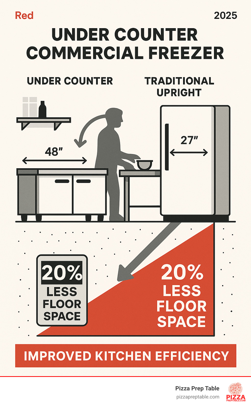 Infographic showing comparison between under counter commercial freezer installation saving 20% floor space versus traditional upright freezer placement, with measurements and workflow arrows demonstrating improved kitchen efficiency - under counter commercial freezer infographic 