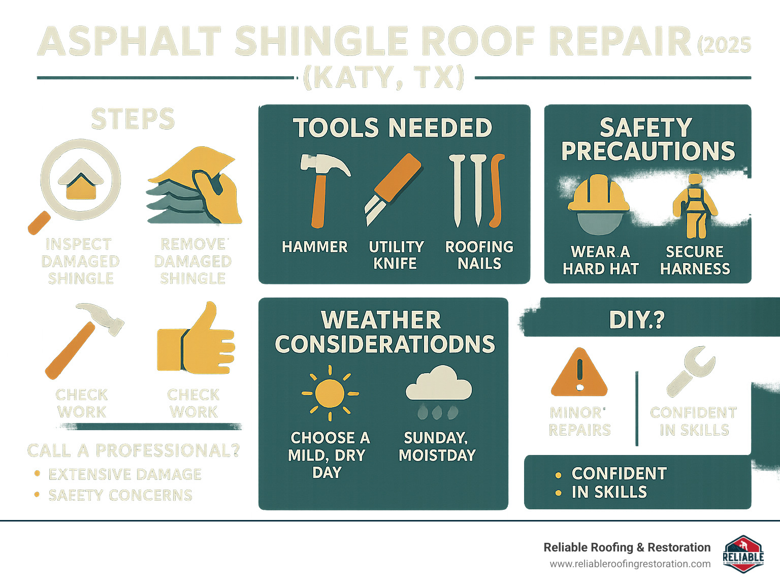 Don't Blow Your Top: Easy Asphalt Shingle Repairs in Katy TX 1 Infographic showing step-by-step asphalt shingle repair process from inspection to completion, including tools needed, safety precautions, weather considerations, and when to call professionals versus DIY repairs - asphalt shingle roof repair katy tx infographic