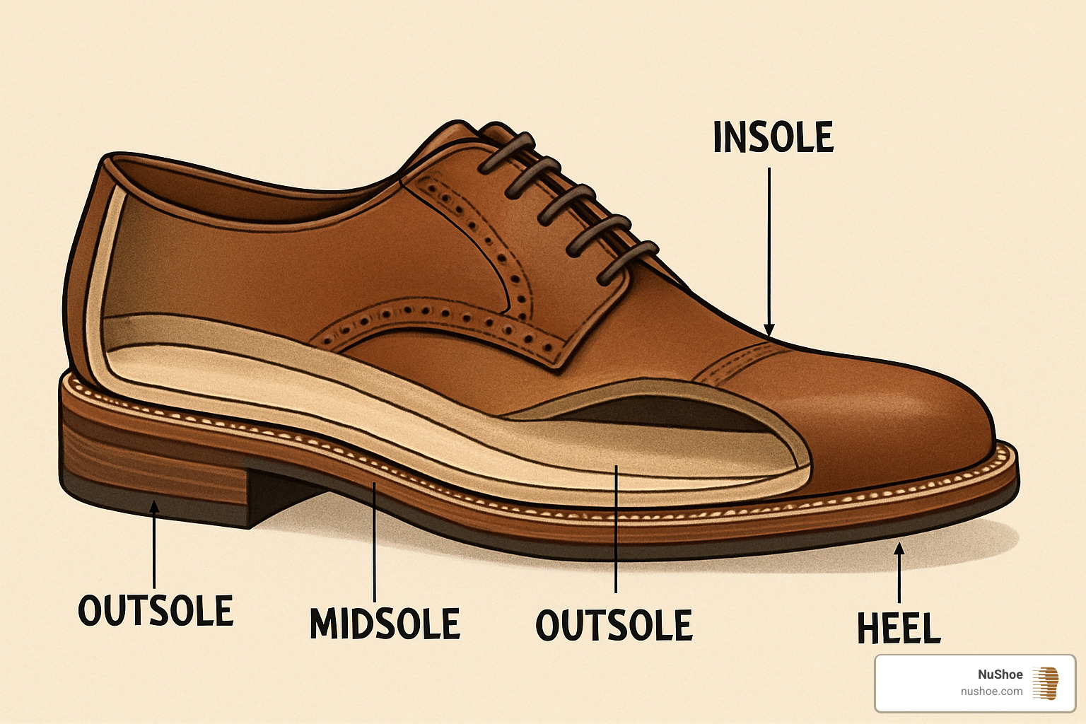 Cross-section diagram of a leather shoe showing internal components - fix squeaky leather shoes