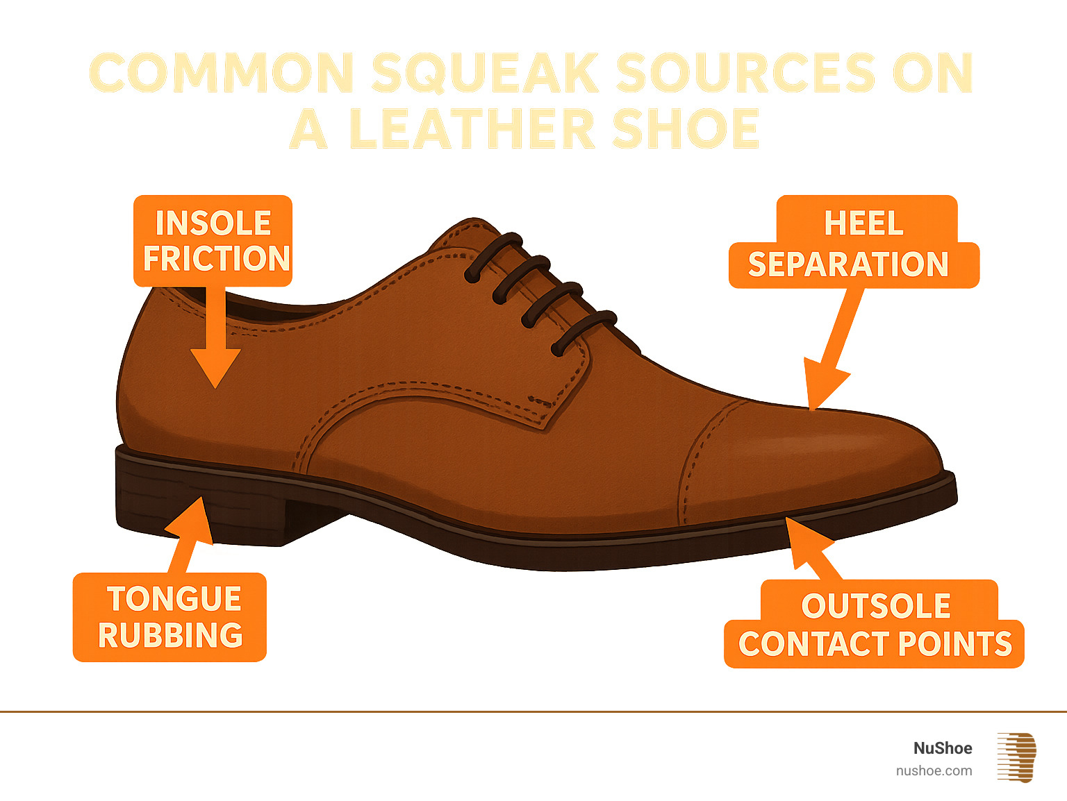 Infographic showing common squeak sources on a leather shoe with arrows pointing to insole friction, tongue rubbing, heel separation, and outsole contact points - fix squeaky leather shoes infographic 