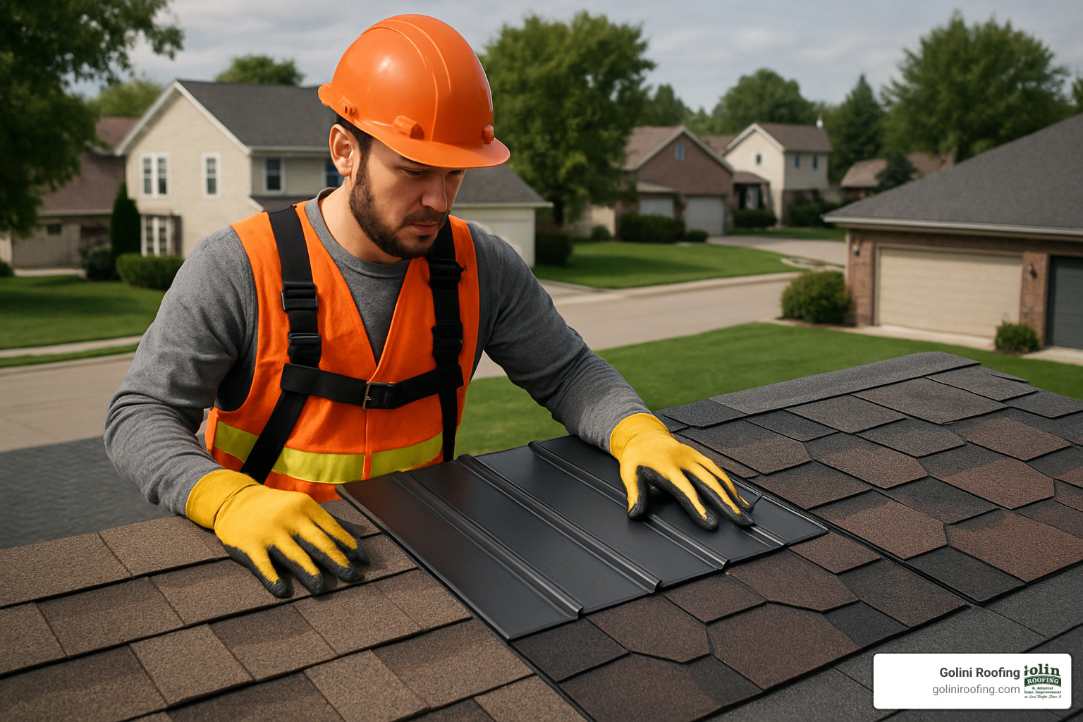 Professional roofer examining different roofing materials including asphalt shingles, metal panels, and designer options laid out for comparison - free roof quote Professional roofer examining different roofing materials including asphalt shingles, metal panels, and designer options laid out for comparison - free roof quote