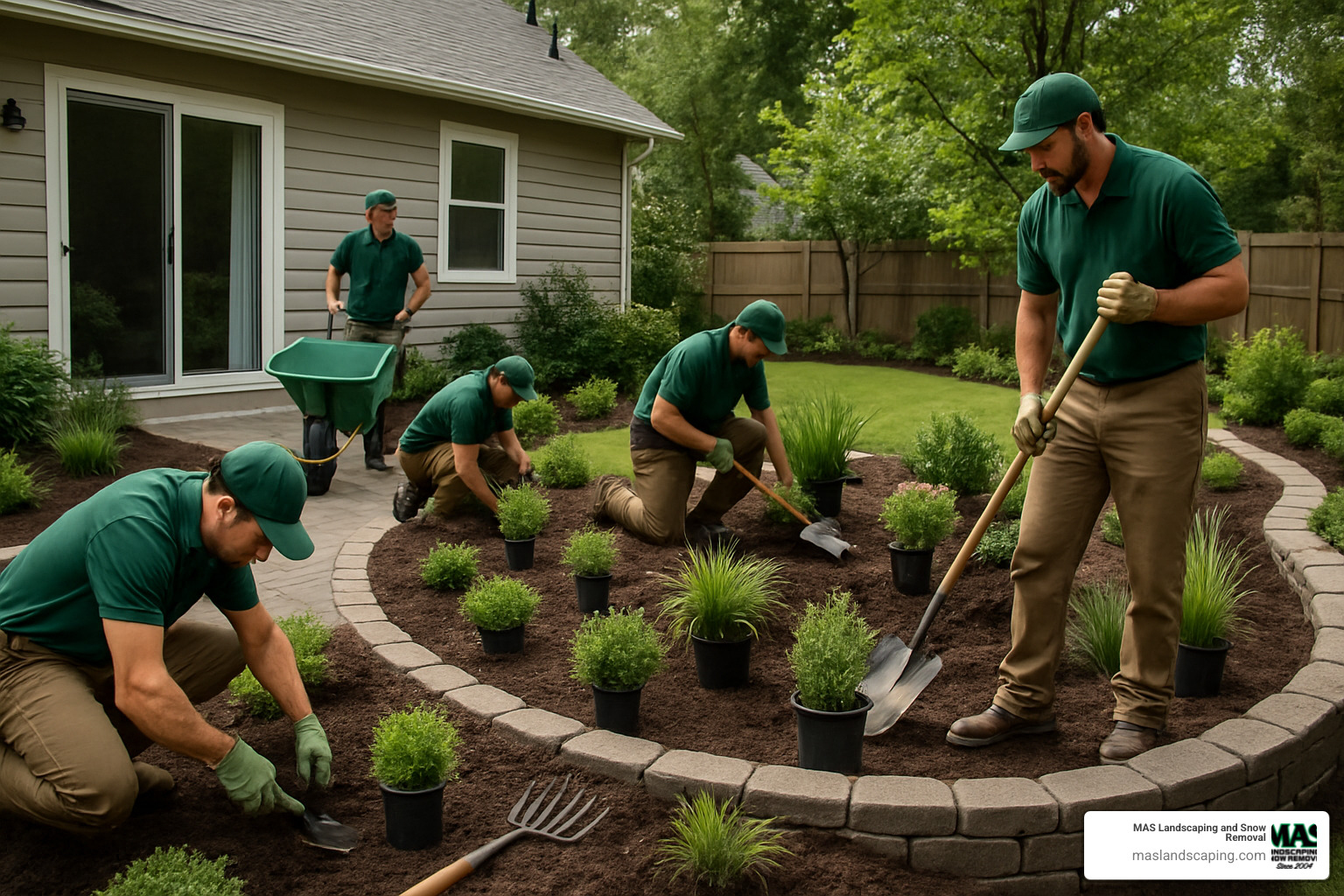 professional landscaping team working on garden design - landscaping services