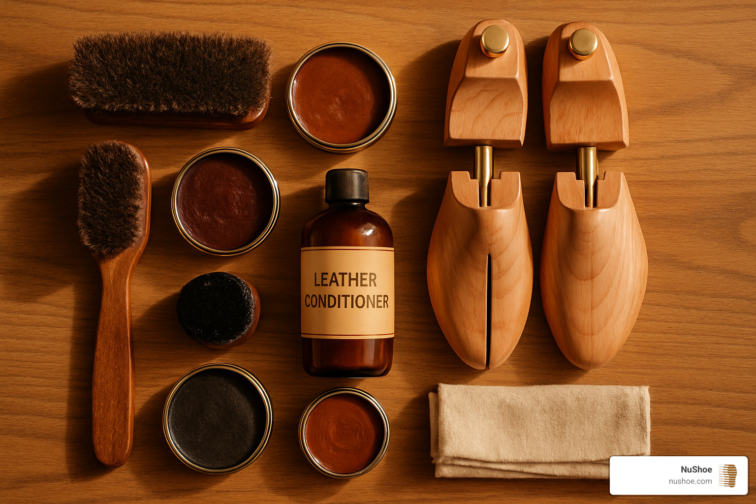 Leather shoe care products and tools laid out on a wooden surface - fix squeaky leather shoes