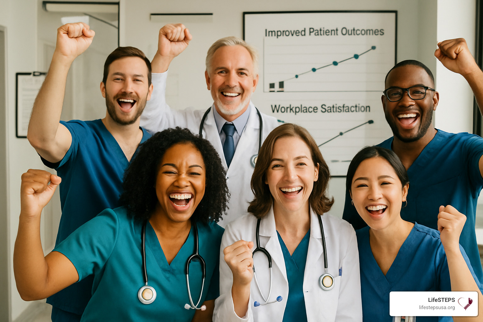 Healthcare professionals celebrating improved patient outcomes and workplace satisfaction after implementing comprehensive medical coaching programs - medical coaching services Healthcare professionals celebrating improved patient outcomes and workplace satisfaction after implementing comprehensive medical coaching programs - medical coaching services