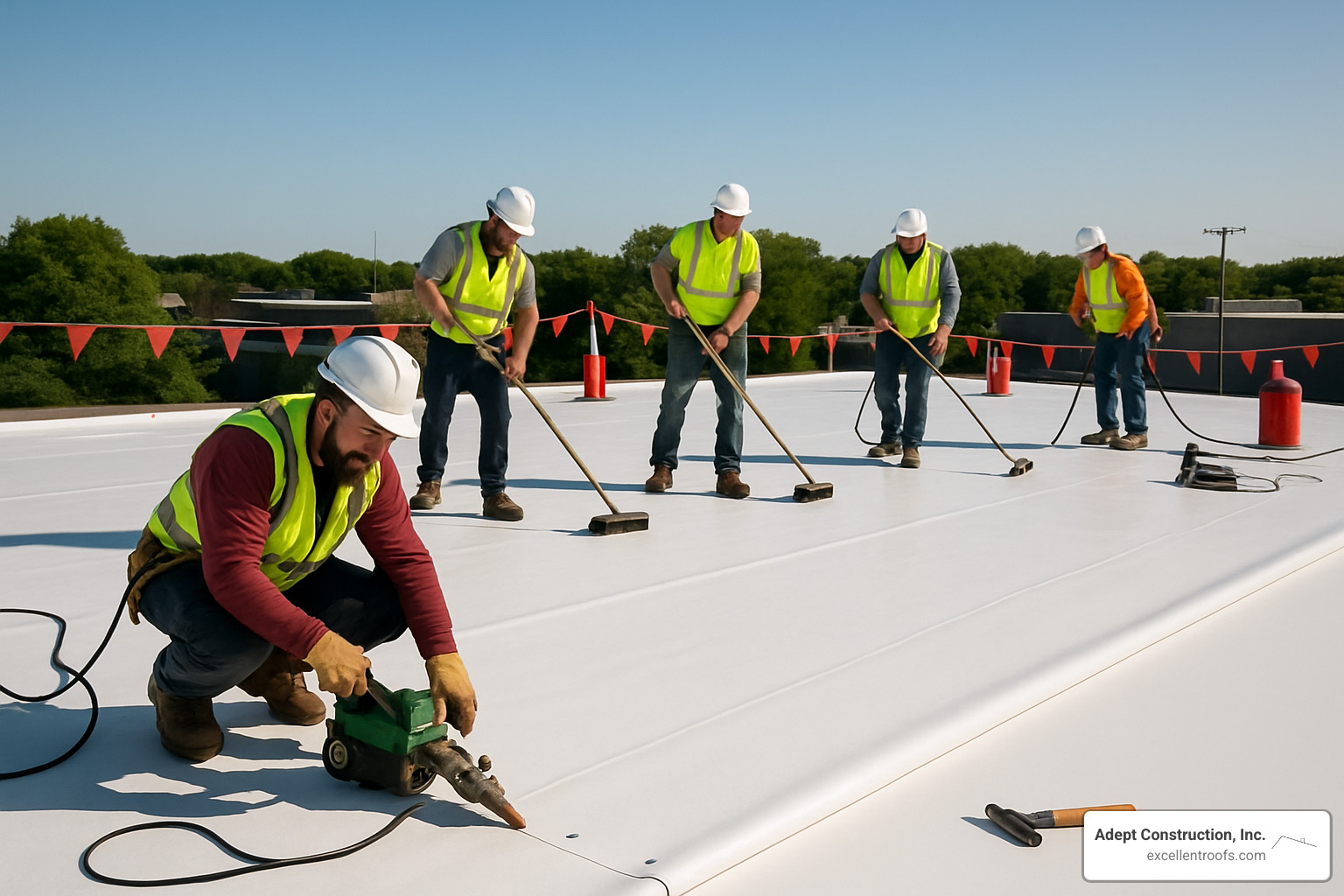 commercial roofing crew installing TPO membrane system - commercial roof replacement naperville il
