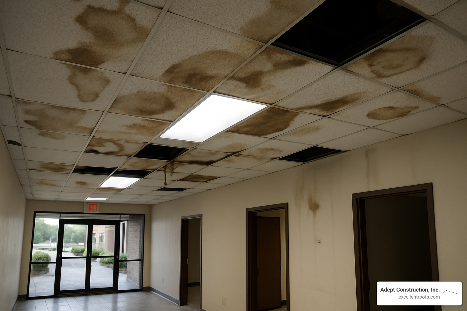 damaged commercial roof showing water stains on ceiling tiles - commercial roof replacement naperville il