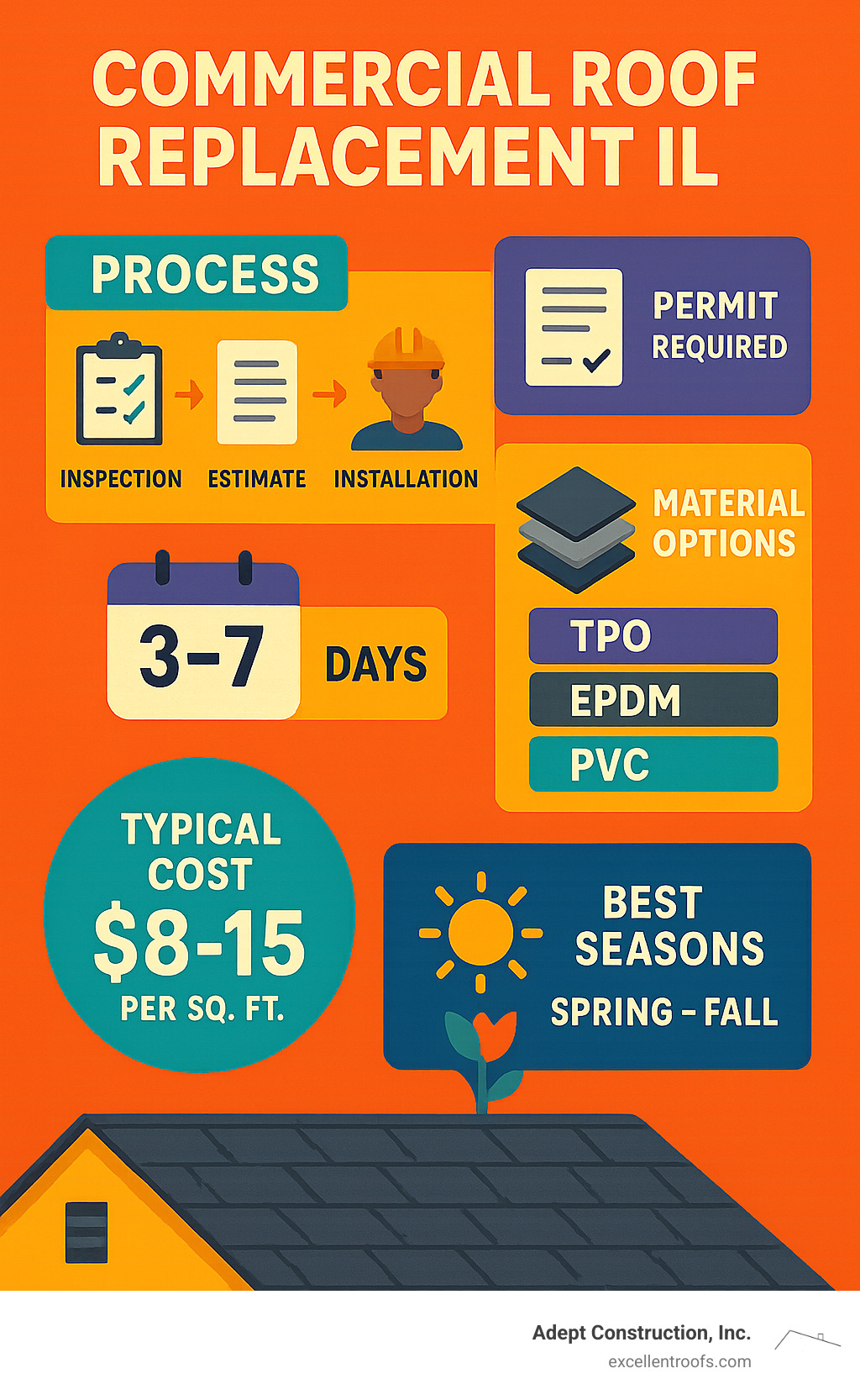 Infographic showing the complete commercial roof replacement process in Naperville IL, including timeline from initial inspection through final warranty registration, permit requirements, material options (TPO, EPDM, PVC), typical costs per square foot, and seasonal considerations for optimal installation - commercial roof replacement naperville il infographic 