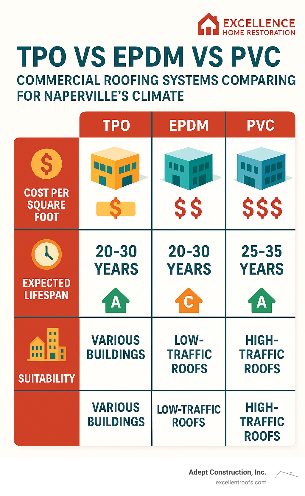 Infographic comparing TPO vs EPDM vs PVC commercial roofing systems, showing cost per square foot, expected lifespan, energy efficiency ratings, and suitability for different building types in Naperville's climate - commercial roof replacement naperville il infographic 