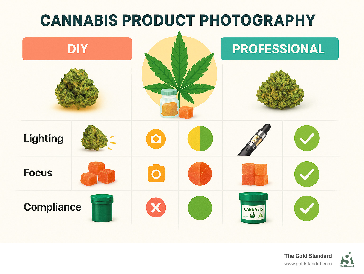 Infographic comparing DIY vs professional cannabis product photography results showing quality differences in lighting, focus, color accuracy, and compliance - cannabis product photography infographic 