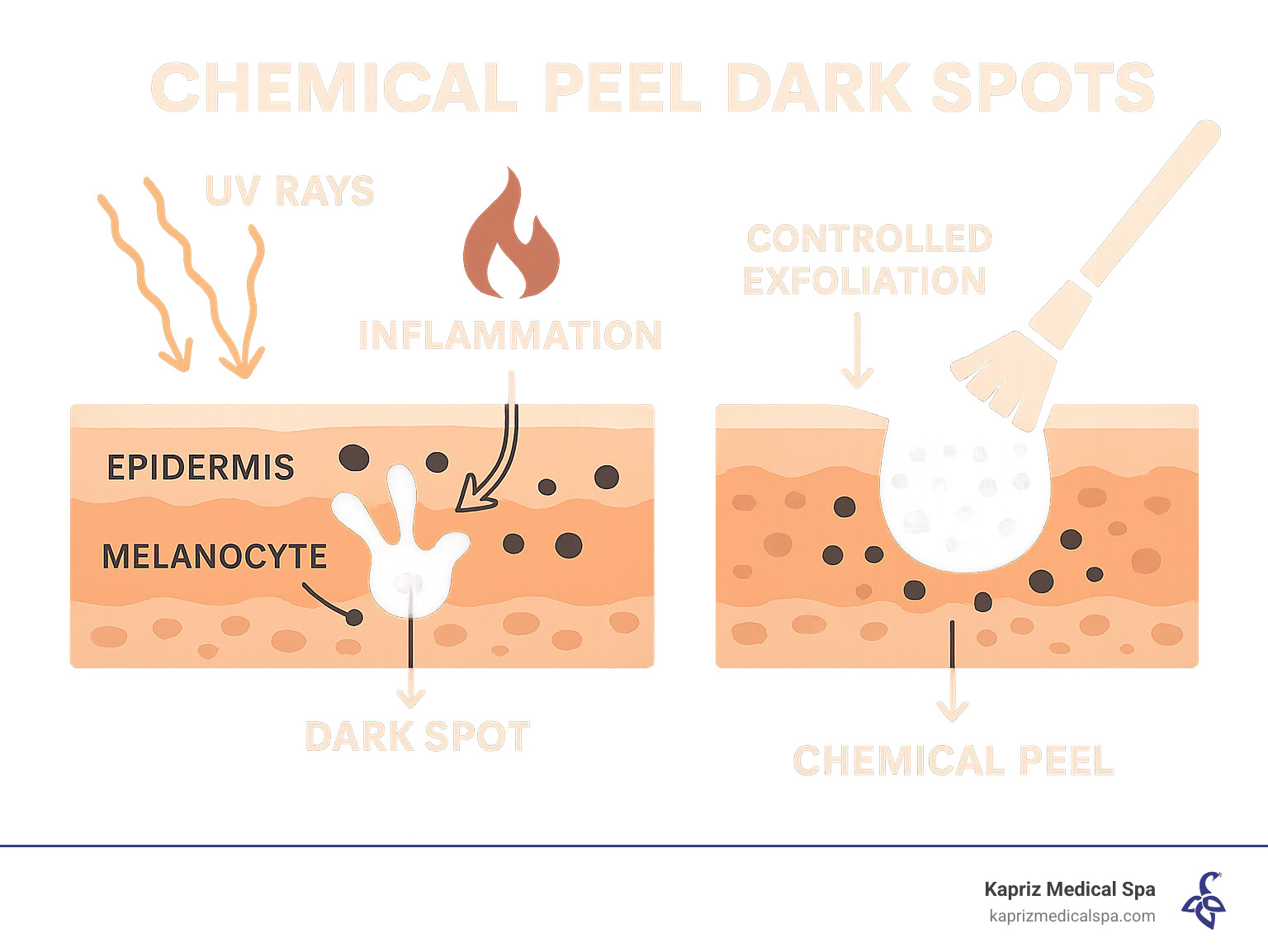 Infographic showing melanin overproduction process: UV rays and inflammation trigger melanocytes to produce excess melanin, leading to dark spot formation in the epidermis, with chemical peels removing these pigmented layers through controlled exfoliation - chemical peel dark spots infographic