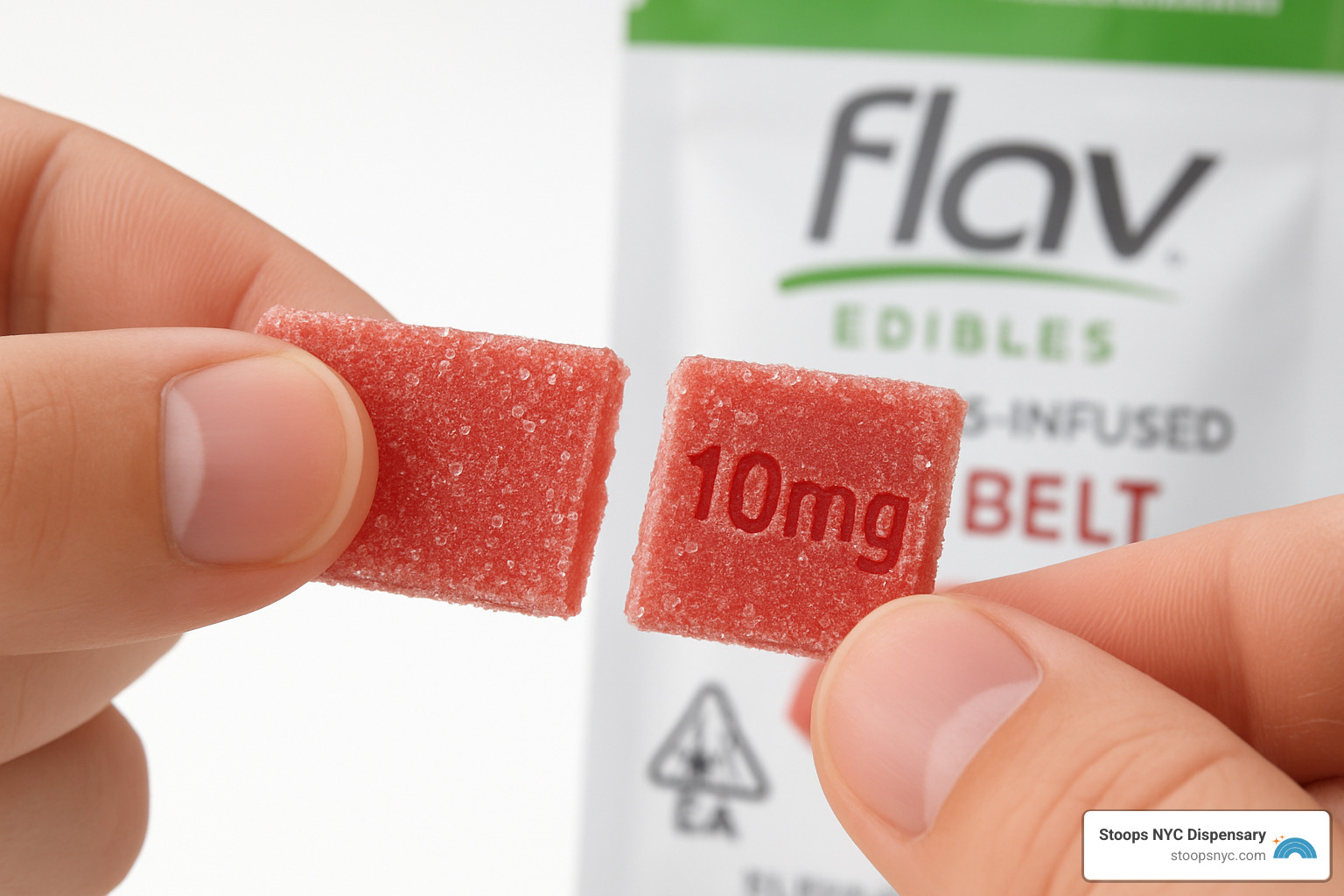 Close-up of a 10mg Flav belt segment being separated, showing precise scoring for accurate dosing - flav edibles Close-up of a 10mg Flav belt segment being separated, showing precise scoring for accurate dosing - flav edibles