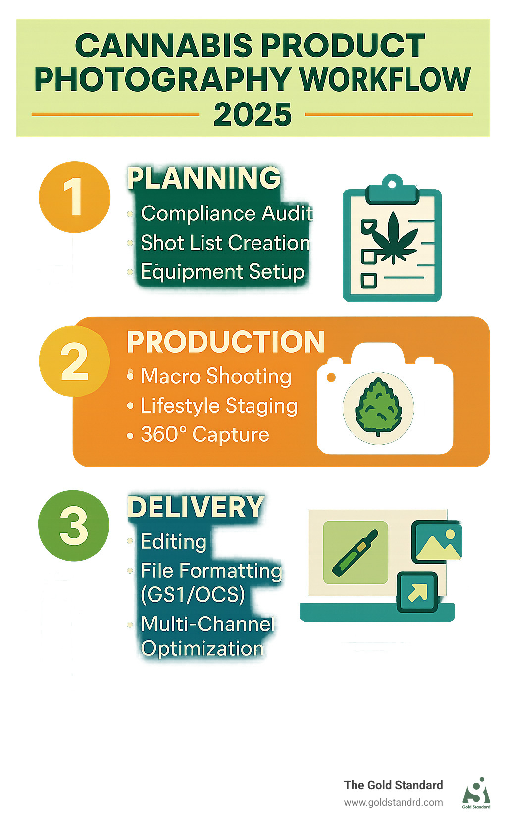 Infographic showing the 3-step cannabis product photography workflow: 1) Planning phase with compliance audit, shot list creation, and equipment setup, 2) Production phase with macro shooting, lifestyle staging, and 360-degree capture, 3) Delivery phase with post-production editing, file formatting for GS1/OCS standards, and multi-channel optimization - cannabis product photography infographic 