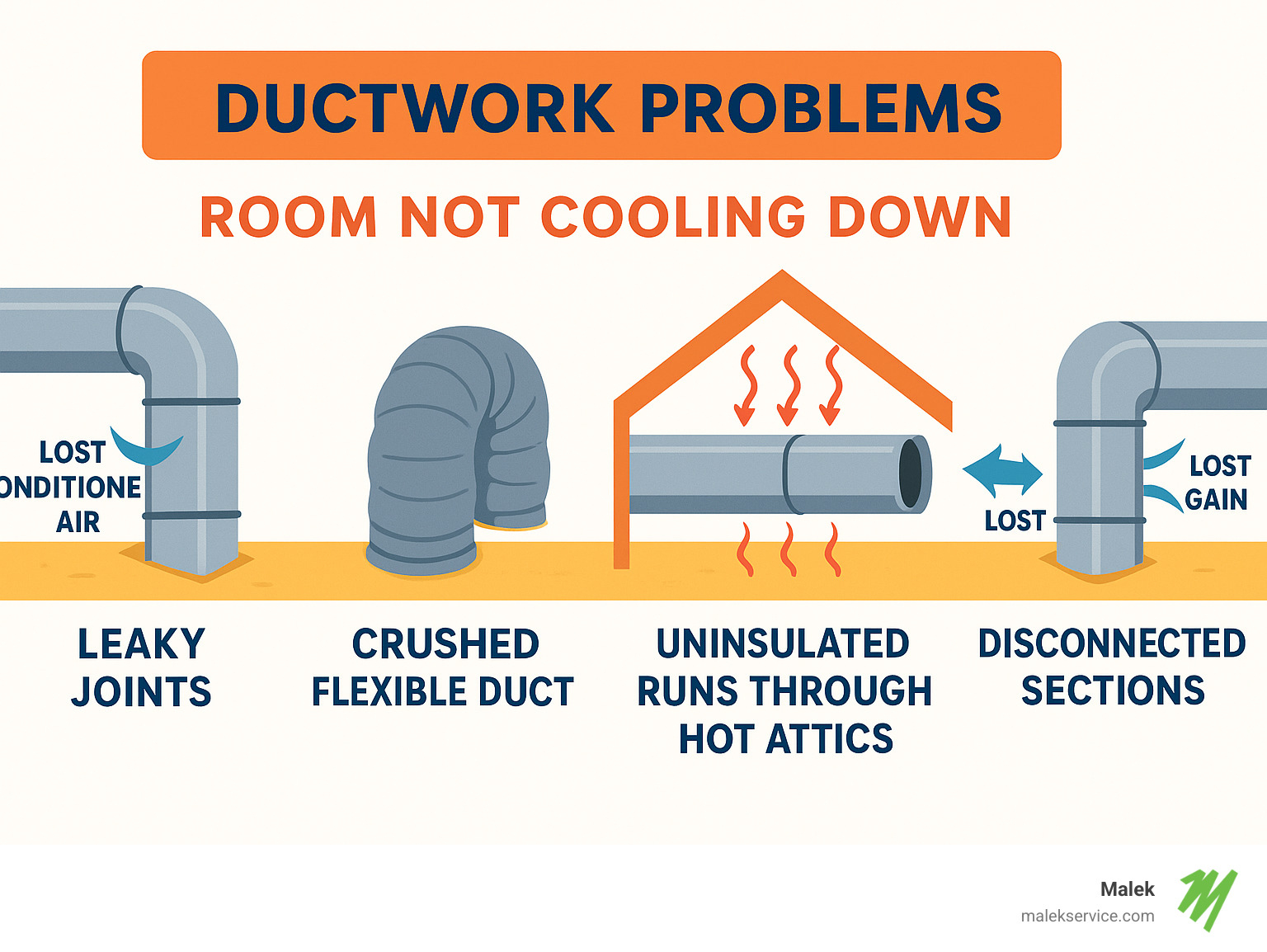 Infographic showing ductwork problems including leaky joints, crushed flexible ducts, uninsulated runs through hot attics, and disconnected sections, with arrows showing lost conditioned air and heat gain - room not cooling down infographic 