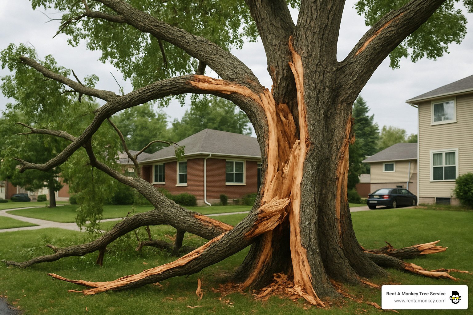 Storm-damaged cottonwood tree with broken branches and split trunk requiring emergency removal - tree removal slc