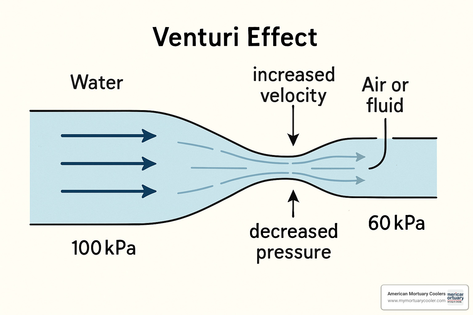 Venturi effect diagram showing fluid flow and pressure changes - hydro aspirator-